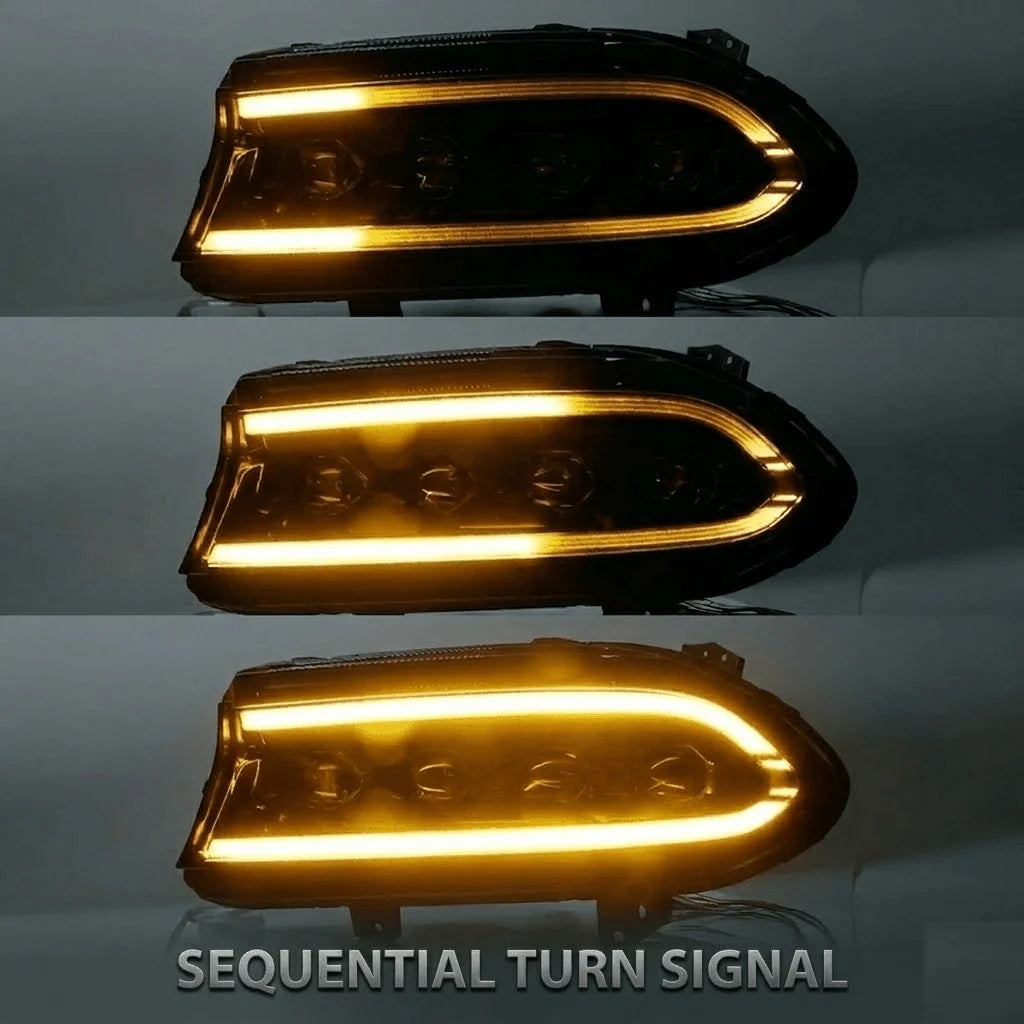 15-23 Dodge Charger Quad LED Projector Headlights Stealth Black Hellcat Style w/ Sequential Signal